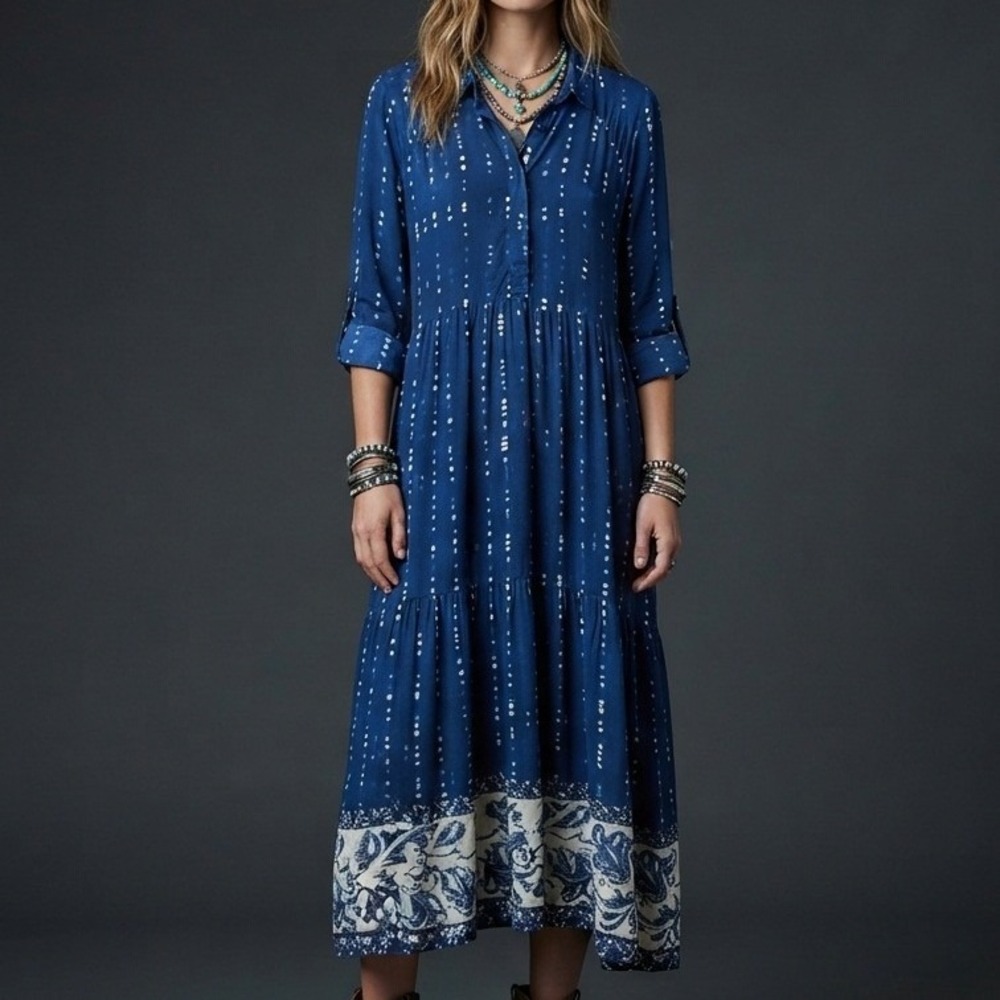 Natural Life Dress 2x Boho Shibori Print Tiered Maxi Blue cottagecore pockets